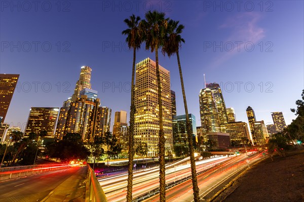 Downtown Los Angeles skyline with skyscrapers in the evening in Los Angeles