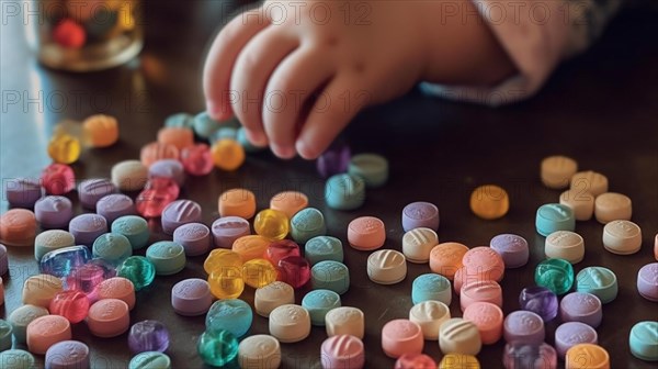 A young toddler is reaching for some rainbow fentanyl pills at home