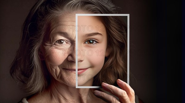 Elderly woman with wrinkled skin portrait holding A photo of herself as A young girl with perfect skin