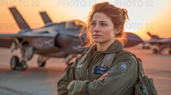 Proud young adult female air force fighter pilot in front of her lockheed martin F-35 lightning II combat aircraft on the tarmac