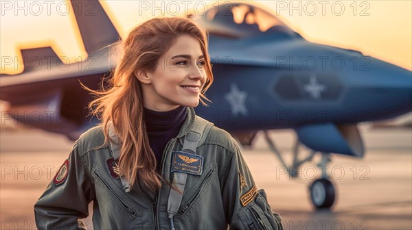 Proud young adult female air force fighter pilot in front of her lockheed martin F-35 lightning II combat aircraft on the tarmac