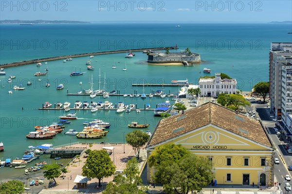 Mercado Modelo and old historic fortress at Todos os Santos bay in Salvador city