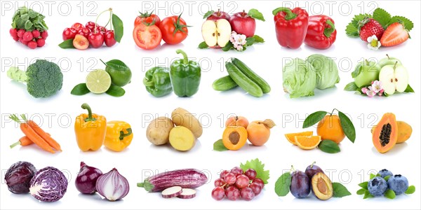 Fruit and vegetables fresh fruit collage with apple orange tomato lettuce banner cropped isolated in Stuttgart