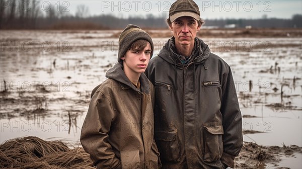 Distressed farming father and son look over their flooded farmland