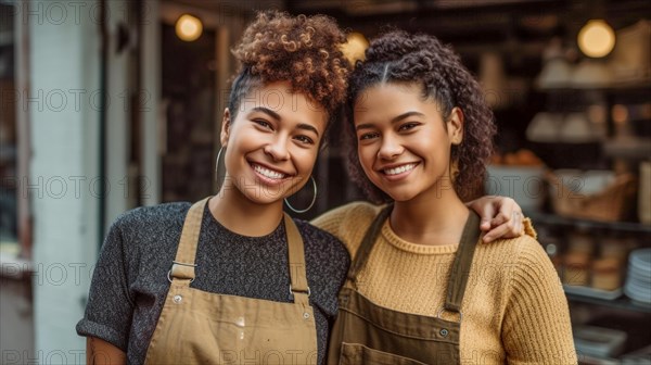 Proud young adult female partners at the entrance of their new bakery shop in europe