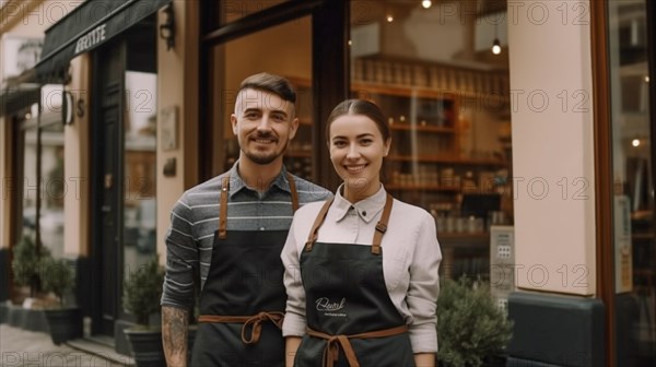 Proud young adult couple at the entrance of their new bakery shop in europe