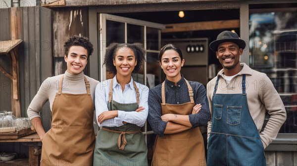 Proud young adult team at the entrance of their new bakery shop in europe