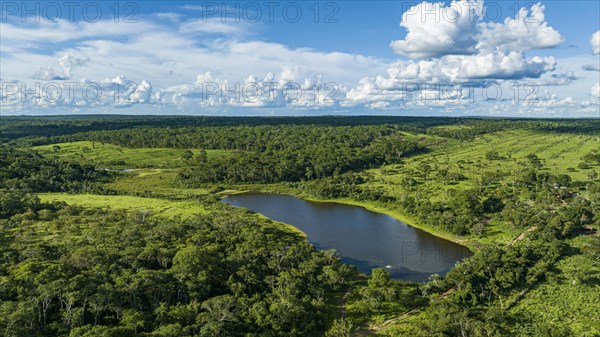 Aerial of a lake near the Santa Ana mission