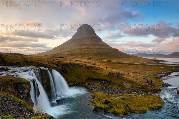 Evening atmosphere at Kirkjufell with waterfall Kirkjufellsfoss