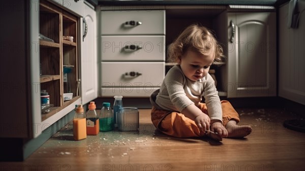 A young toddler on the floor of the kitchen or bathroom has found various cleaning and other chemicals in an unsecured cabinet at home