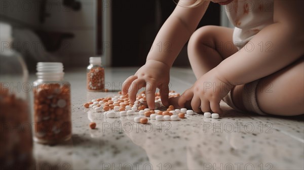 A young toddler has found some prescription pills at home