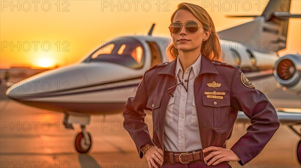 Proud young adult female airline pilot in front of her private executive jet on the tarmac