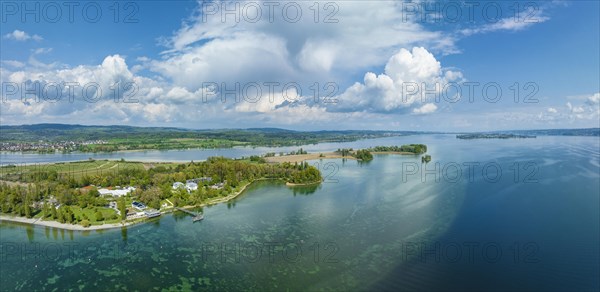 Aerial view of the Mettnau peninsula near Radolfzell with spa centre and restaurant business