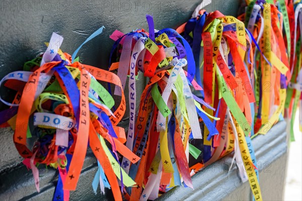 Door with famous and colorful ribbons of our lord do Bonfim which is believed to bring luck and are traditional in the city of Salvador in Bahia.