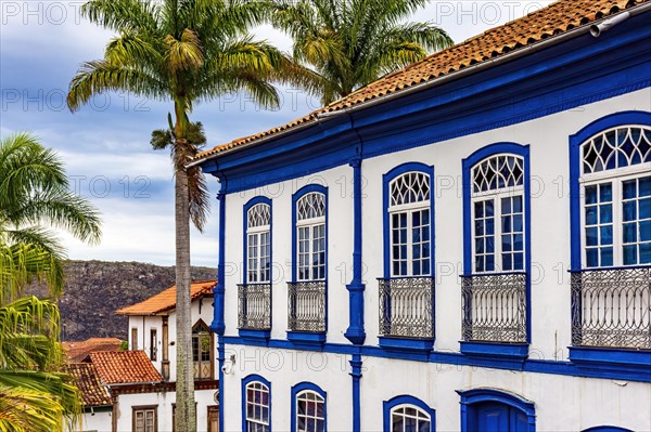 Facade of old colonial style houses in the historic town of Diamantina in Minas Gerais