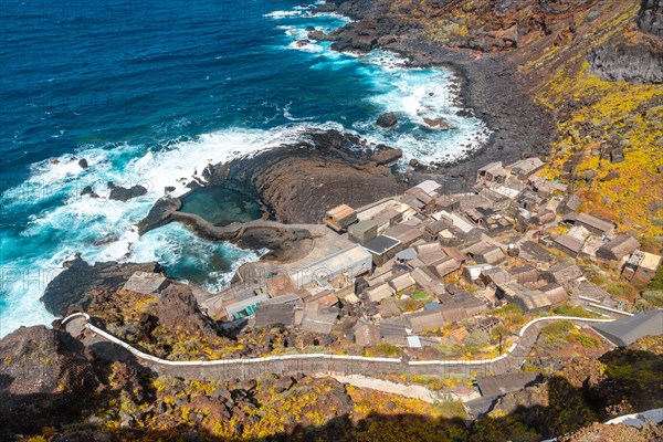 View from above of the fishing village of Pozo de las Calcosas on the island of El Hierro. Canary Islands