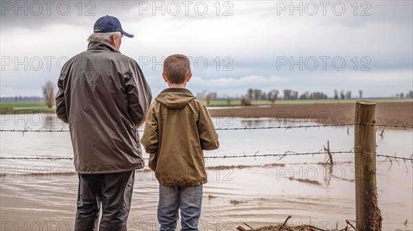 Distressed farming father and son look over their flooded farmland