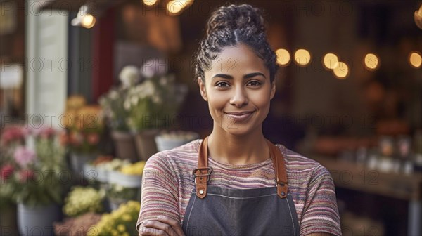 Proud young adult multi-ethnic female at the entrance of her quaint flower shop in europe