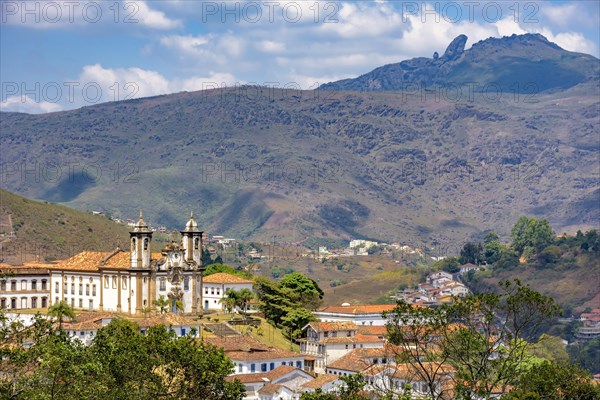 Top view of one of the many historic churches in Baroque and colonial style from the 18th century in the city of Ouro Preto in Minas Gerais