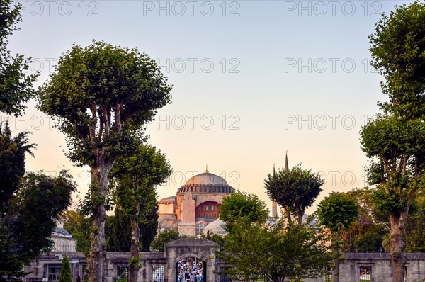 Exterior view of the facade and entrance of the Basilica of Santa Sophia in Istanbul