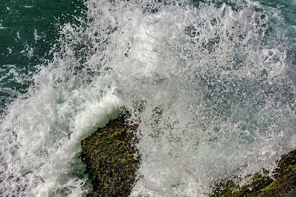 Sea water splashing in the air with the wave crashing against the rocks