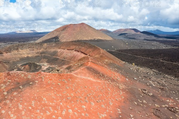 Volcanoes in Timanfaya National Park in the Canary Islands Aerial view on the island of Lanzarote