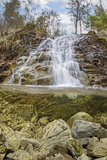 Underwater photo of a mountain stream with waterfall in the Kalkalpen National Park