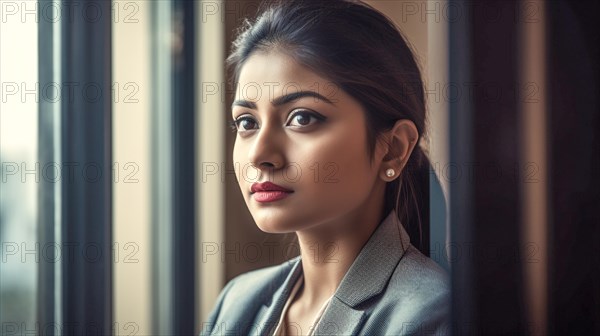 Contemplative successful young adult Indian executive businesswoman in her office