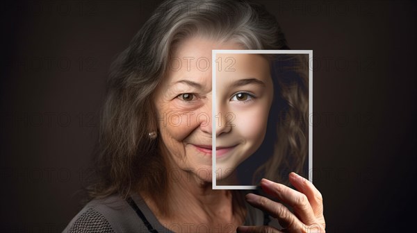 Elderly woman with wrinkled skin portrait holding A photo of herself as A young girl with perfect skin