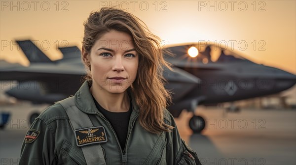 Proud young adult female air force fighter pilot in front of her lockheed martin F-35 lightning II combat aircraft on the tarmac