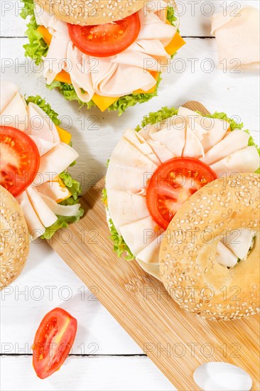 Bagel sandwich for breakfast topped with chicken ham in Stuttgart