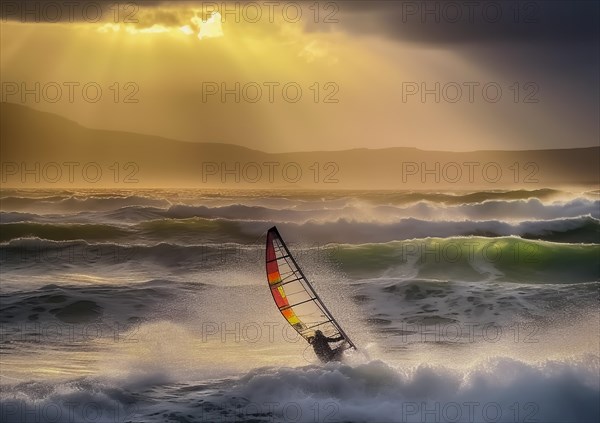 Windsurfer in stormy sea and wind