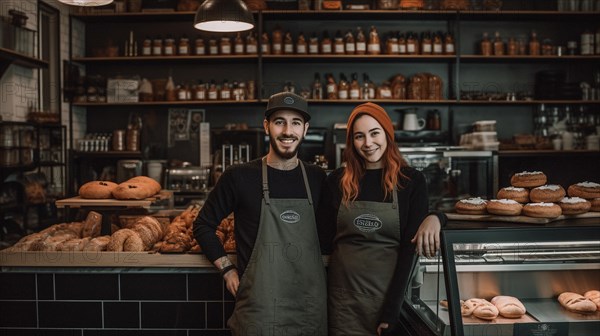 Proud young adult couple at the counter of their new bakery shop in europe