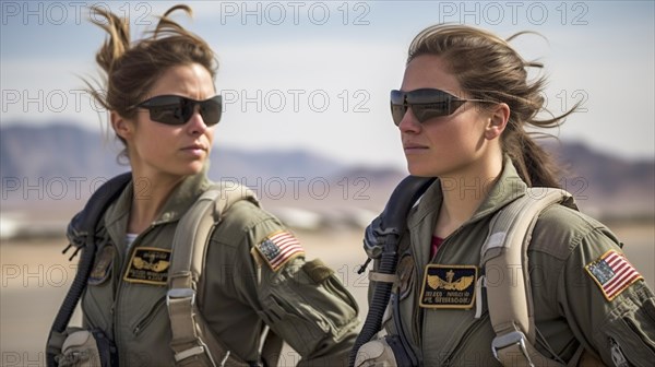 Two proud young adult female air force fighter pilots in front of their F-16 combat aircraft on the tarmac