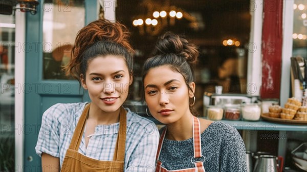 Proud young adult female partners at the entrance of their new bakery shop in europe