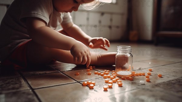 A young toddler has found some prescription pills at home