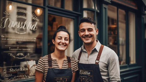 Proud young adult couple at the entrance of their new bakery shop in europe