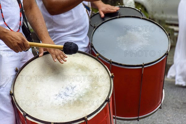 Drums being played in the streets of the city of Belo Horizonte during a samba performance at the Brazilian street carnival