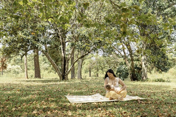 General shot of a mother breastfeeding her baby. Idyllic pictorial scene