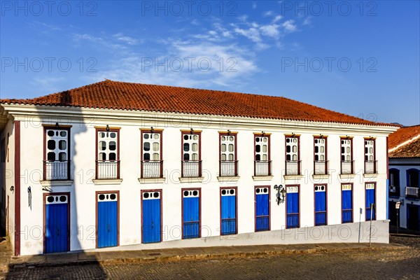 Facade of old colonial style houses in the historic city of Ouro Preto in the state of Minas Gerais