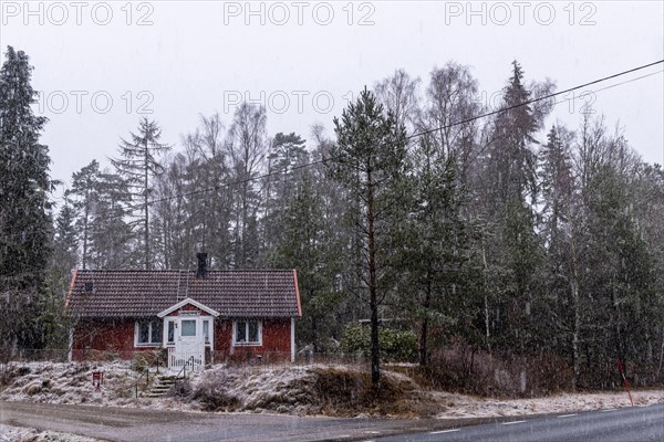 Lonely Swedish house in driving snow