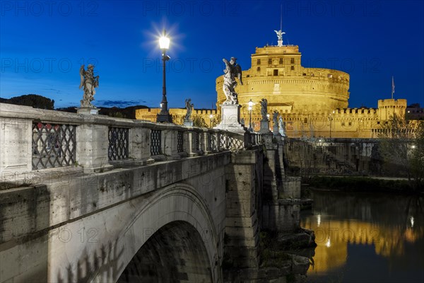 Evening twilight over Castel Sant'Angelo and the Aelius Bridge over the Tiber