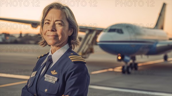 Proud middle-aged female airline pilot in her uniform in front of her passenger airplane on the tarmac