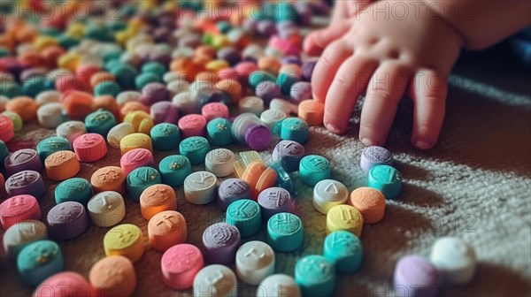 A young toddler is reaching for some rainbow fentanyl pills at home