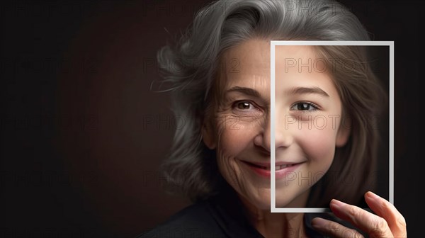 Elderly woman with wrinkled skin portrait holding A photo of herself as A young girl with perfect skin