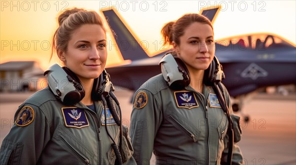 Two proud young adult female air force fighter pilots in front of their F-35 combat aircraft on the tarmac