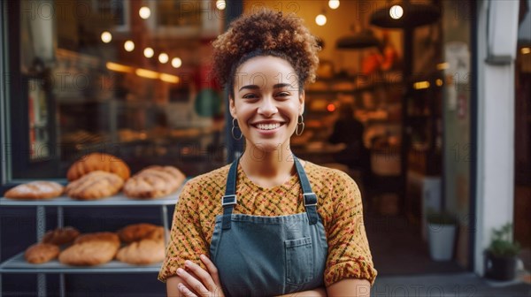 Proud young adult multi-ethnic female at the entrance of her quaint bakery in europe