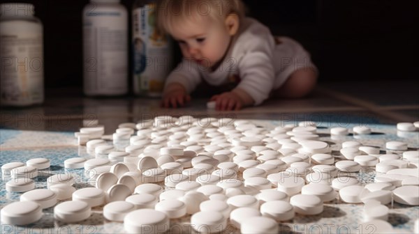 A young toddler has found some prescription pills at home