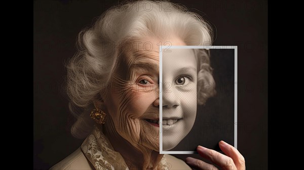 Elderly woman with wrinkled skin portrait holding A photo of herself as A young girl with perfect skin