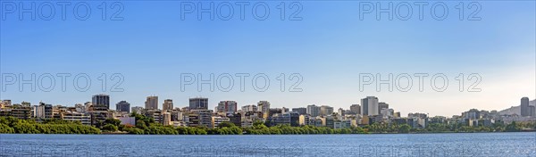 Panoramic image of the Leblon and Ipanema neighborhoods in Rio de Janeiro with their buildings seen from Rodrigo de Freitas Lagoon